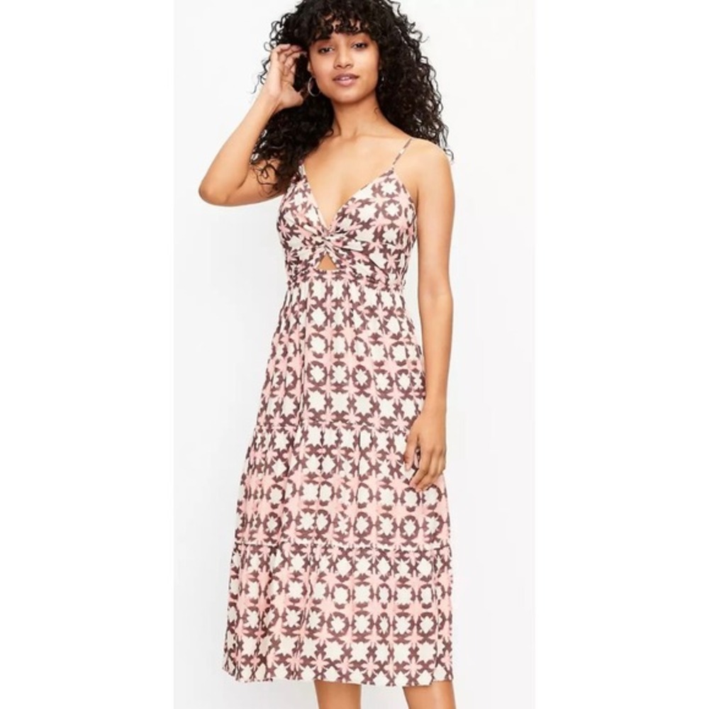 LOFT Floral Print Midi Dress Twist Front Sleeveless Casual Pink Size 4
